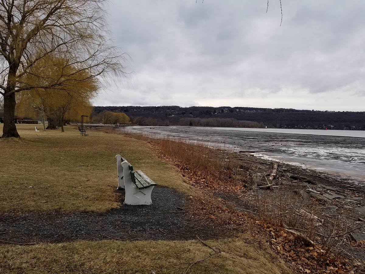 A lakeside park, whose grass has turned orange from colder weather. A path leads to a bench overlooking the lake. Far behind are some trees. It's a cloudy day.