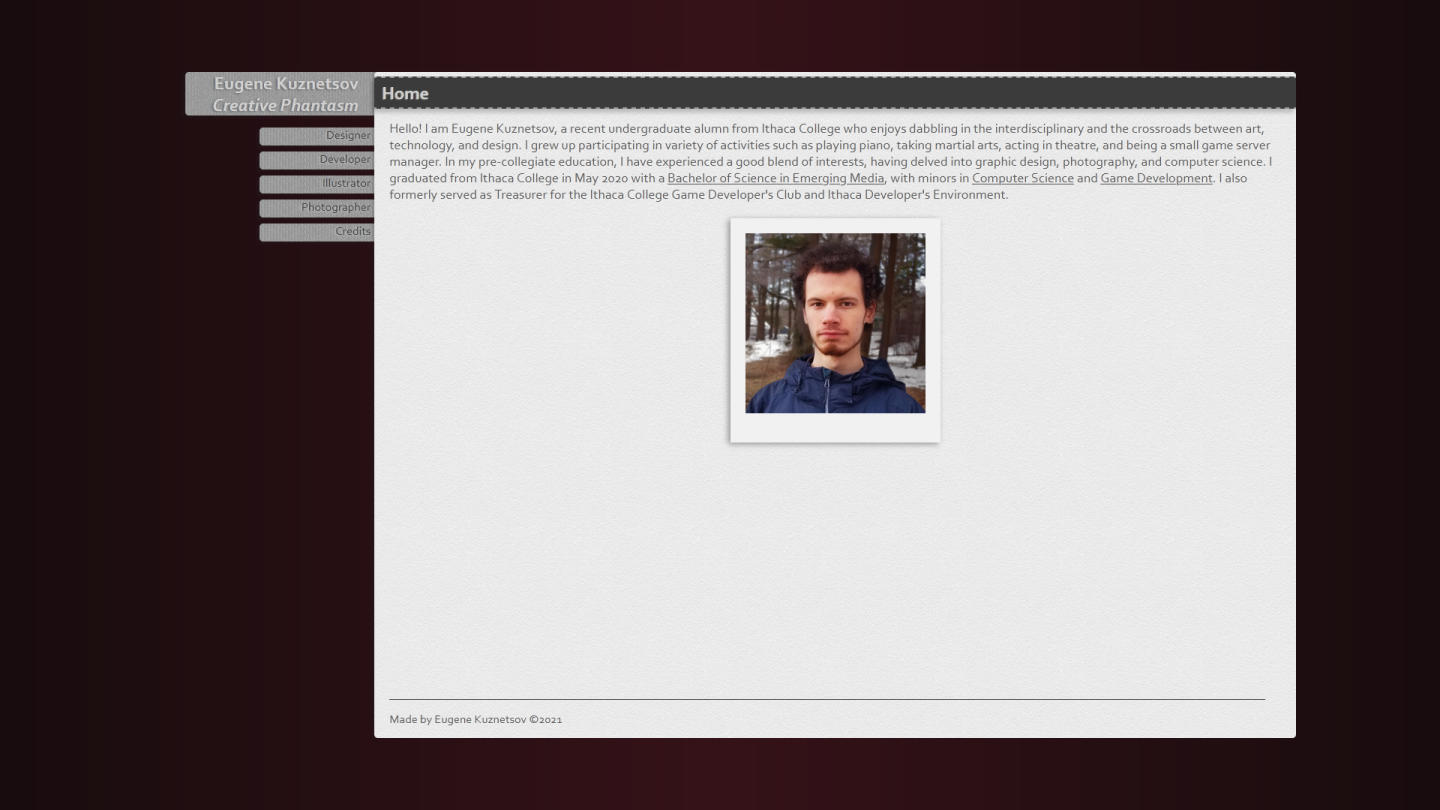 A white box, with tabs on the left, showing a picture of a young man with pale skin and brown curly hair. It's home page of the website you're on.
