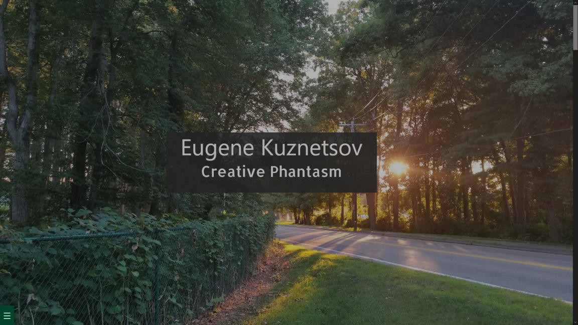 A sunset behind some trees. The rays are pouring out between the leaves and onto the street. To the left is a dark collection of trees behind a fence. There is some text in front of the image: 'Eugene Kuznetsov Creative Phantasm'