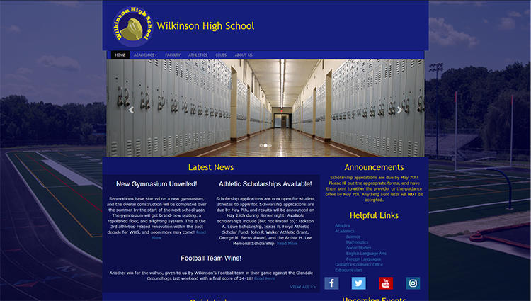 A blue website with a faint football field acting as the background. This is a fictional school website, with a walrus for their logo.