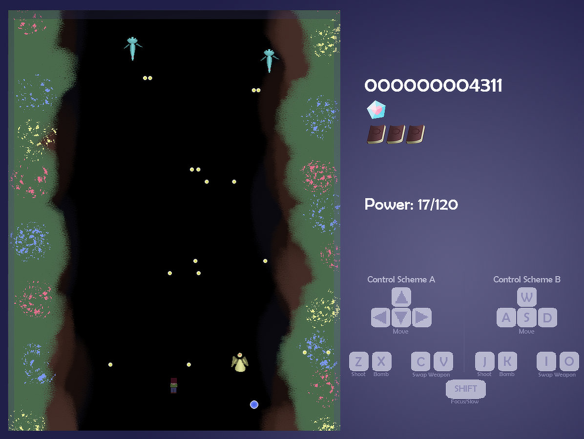 An image of a video game with a score board, lives, characters, and projectiles to dodge.