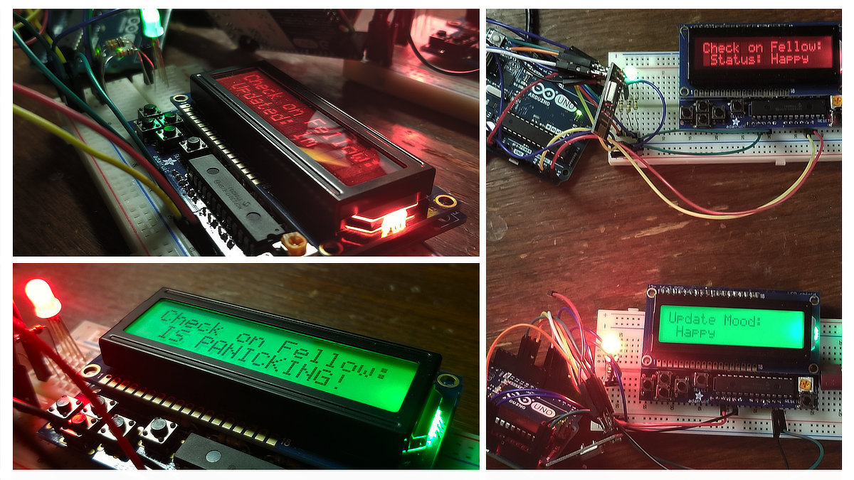 A coloured LCD screen display with text and an LED light nearby.