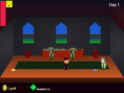 A colourful screenshot of an herbalist standing in an interior with two robed chemists in the background and an older man in those same robes standing on the right. There is a red bar on the top left edge, and a smiling icon beside it on its right. Bottom left are icons for gold and 'Herbalist' level. This is a game screenshot.