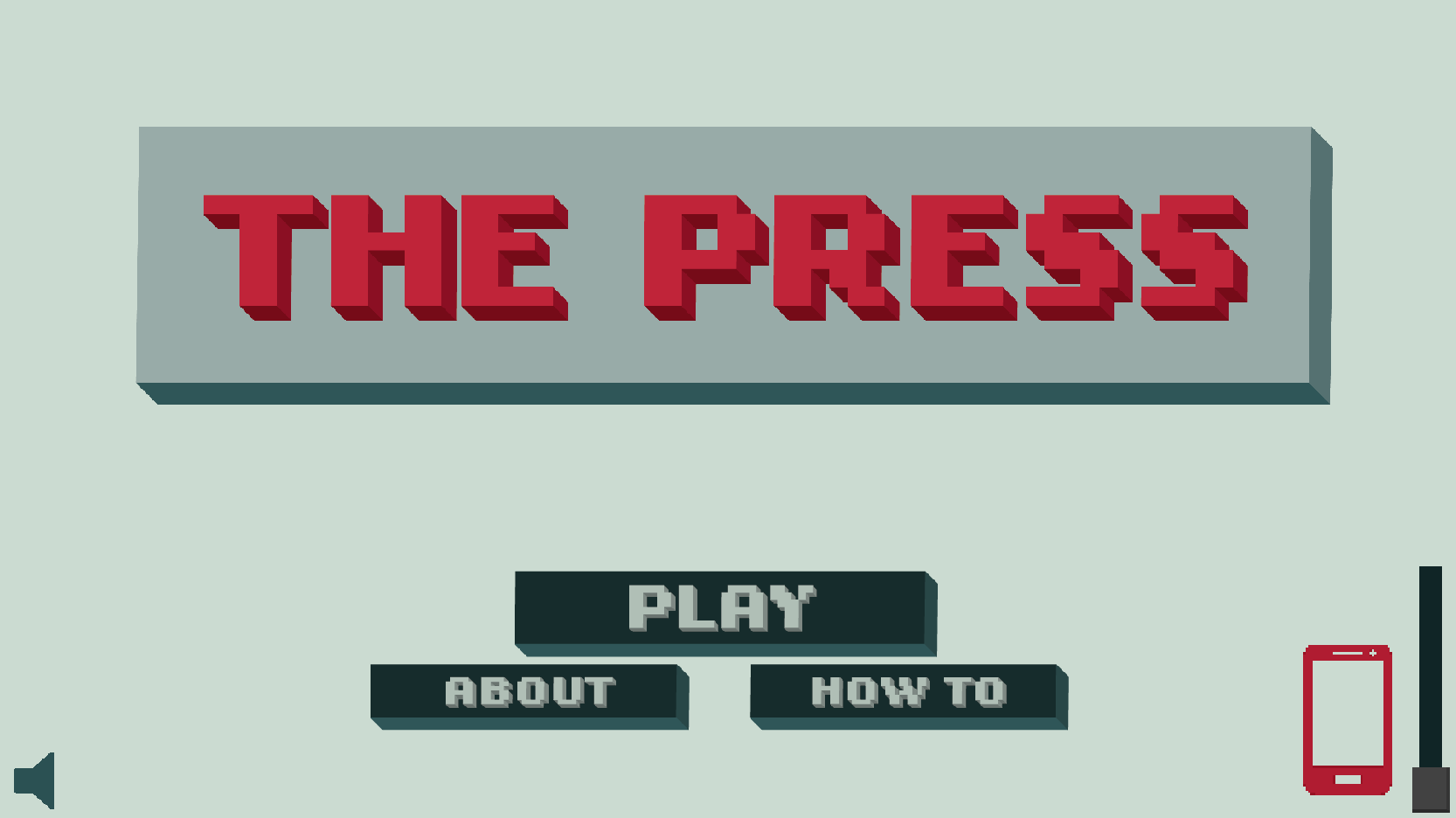 An off-white green background. In the center three buttons in a triangle formation, the top one slightly larger. To the bottom left, a speaker icon. To the right, a vertical slider and a phone icon. The top center is a large title block: 'The Press'.