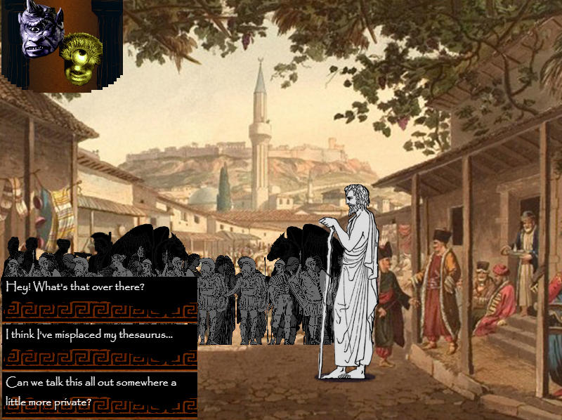 A ancient Greek-styled street with a crowd, and an older man standing in front of them. Along the bottom left edge are some buttons. The top left is a banner with two cyclops heads. This is a screenshot from a game.