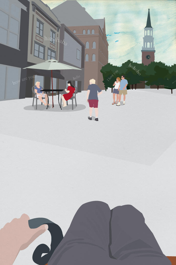 First person view from someone sitting on a bench, looking at a street view with buildings on the left side. Along the street are two women sitting under an umbrella. A young man walking toward them, and a couple towards the back looking toward their right. At the back, is a line of trees, and beyond them to uppermost part of a church.