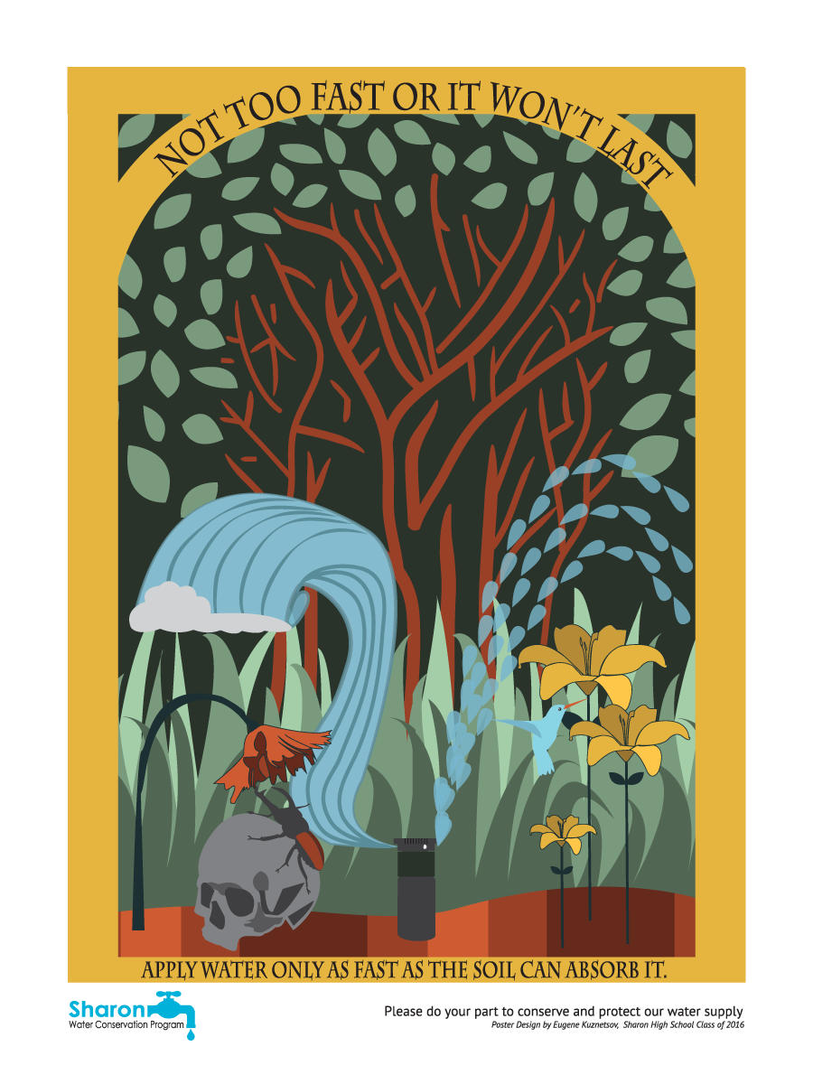 A water sprinkler in the center. To the left, it conjures a tidal wave, about to hit a wilting flower, and a skull with a beetle atop of it. To the right, the sprinkler summons an arc of droplets. Below their descent are blooming flowers, with a happy light blue hummingbird.