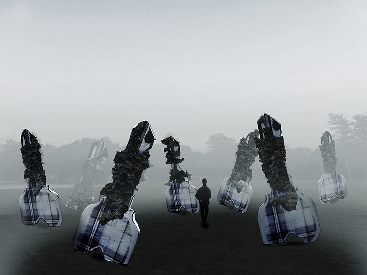 A boy walking through a field of keys, sprouting in a misty field.